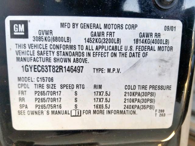 1GYEC63T82R146497 - 2002 CADILLAC ESCALADE L BLACK photo 10