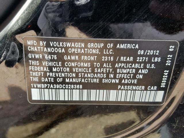 1VWBP7A39DC028368 - 2013 VOLKSWAGEN PASSAT SE BLACK photo 10