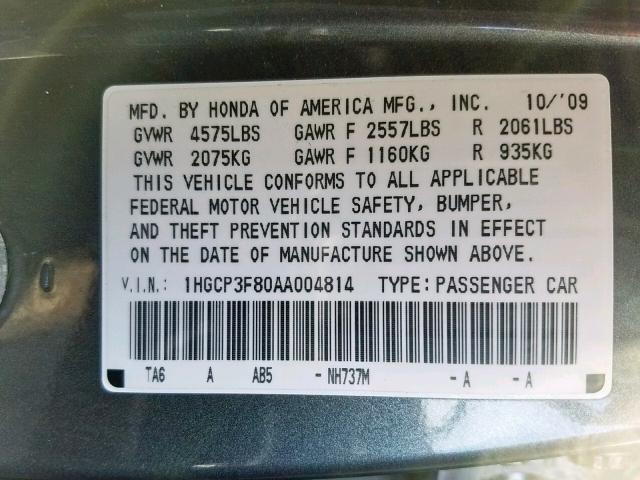 1HGCP3F80AA004814 - 2010 HONDA ACCORD EXL GRAY photo 10