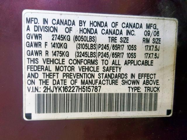 2HJYK16227H515787 - 2007 HONDA RIDGELINE MAROON photo 10