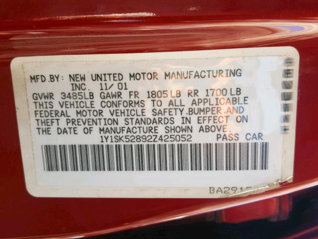 1Y1SK52892Z425052 - 2002 CHEVROLET GEO PRIZM 红色 照片 10