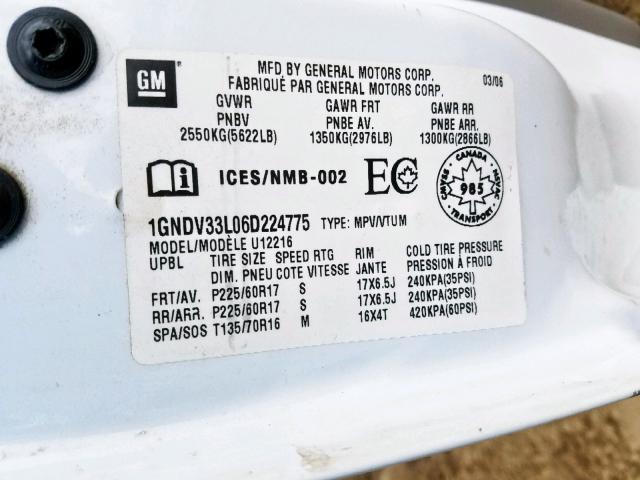 1GNDV33L06D224775 - 2006 CHEVROLET UPLANDER L 白色 照片 10