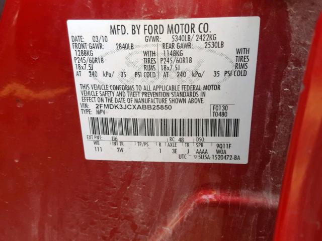 2FMDK3JCXABB25850 - 2010 FORD EDGE SEL RED photo 10