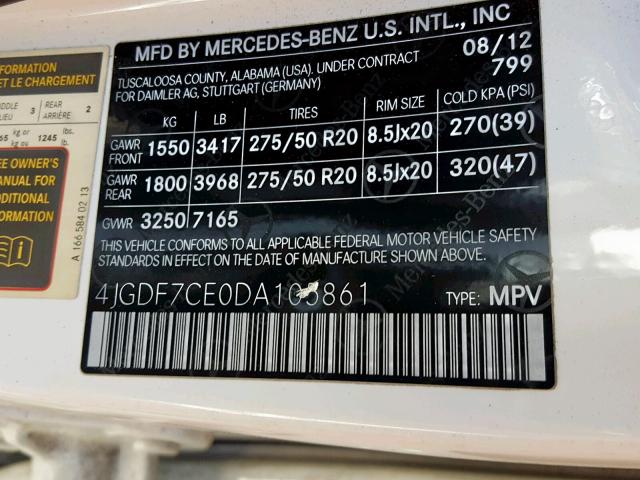 4JGDF7CE0DA105861 - 2013 MERCEDES-BENZ GL 450 4MA WHITE photo 10