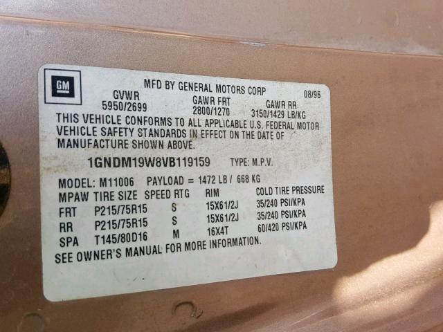 1GNDM19W8VB119159 - 1997 CHEVROLET ASTRO TAN photo 10