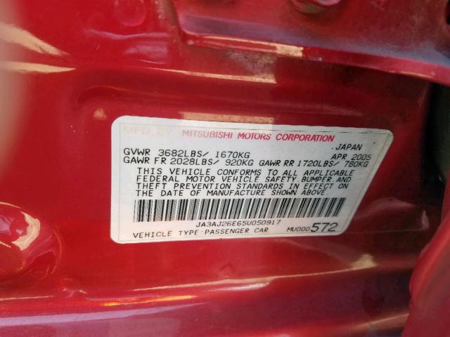 JA3AJ26E65U050917 - 2005 MITSUBISHI LANCER ES RED photo 10