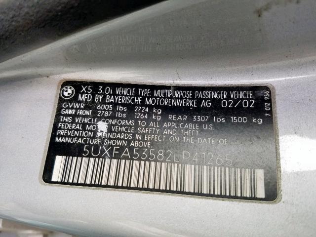 5UXFA53582LP41265 - 2002 BMW X5 3.0I SILVER photo 10