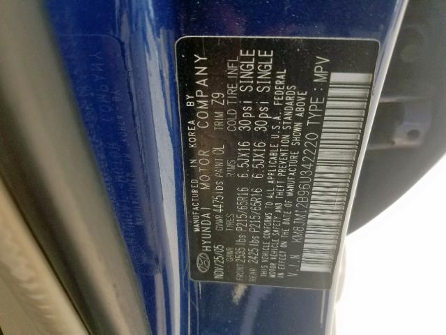 KM8JM12B96U342220 - 2006 HYUNDAI TUCSON GL BLUE photo 10