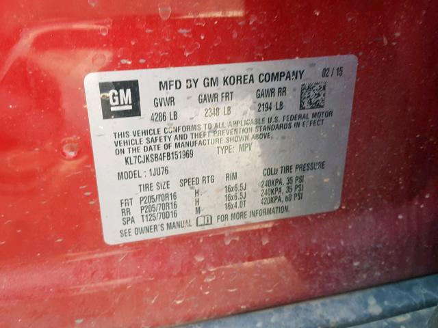 KL7CJKSB4FB151969 - 2015 CHEVROLET TRAX LS RED photo 10