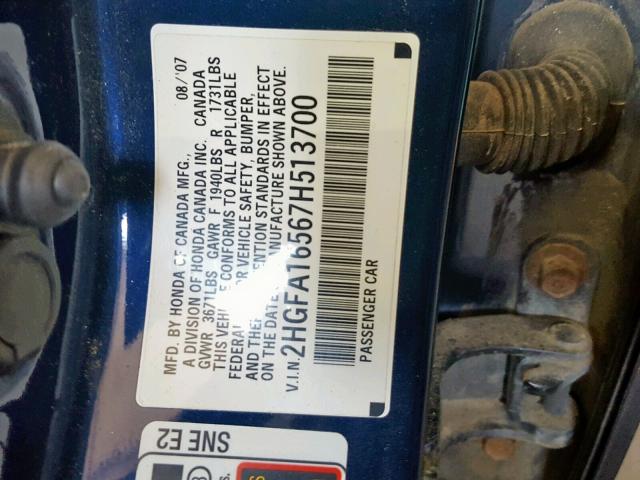 2HGFA16567H513700 - 2007 HONDA CIVIC BLUE photo 10