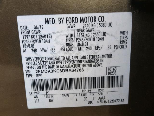 2FMDK3KC6DBA64788 - 2013 FORD EDGE LIMIT GREEN photo 10