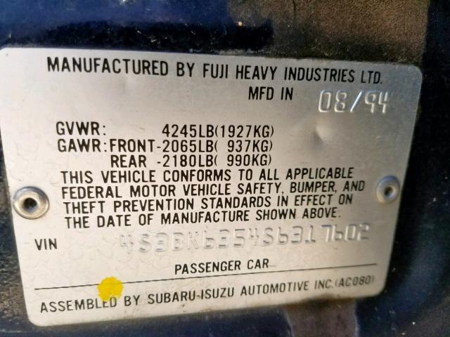 4S3BK6354S6317602 - 1995 SUBARU LEGACY L BLUE photo 10