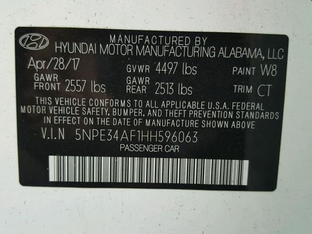 5NPE34AF1HH596063 - 2017 HYUNDAI SONATA SPO WHITE photo 10