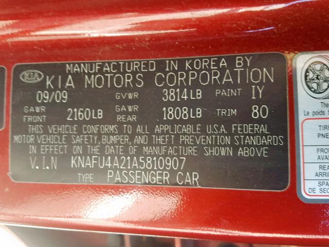 KNAFU4A21A5810907 - 2010 KIA FORTE EX RED photo 10