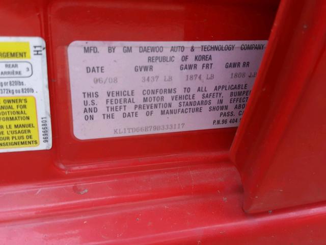 KL1TD66E79B333117 - 2009 CHEVROLET AVEO LS RED photo 10