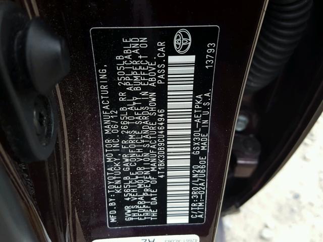 4T1BK3DB9CU464946 - 2012 TOYOTA AVALON BAS MAROON photo 10