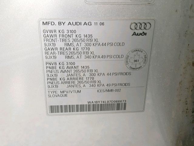 WA1BY74L07D066673 - 2007 AUDI Q7 3.6 QUA SILVER photo 10