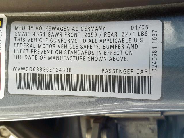 WVWCD63B35E124338 - 2005 VOLKSWAGEN PASSAT GLS GRAY photo 10