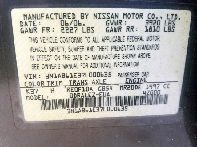 3N1AB61E37L000635 - 2007 NISSAN SENTRA 2.0 GRAY photo 10