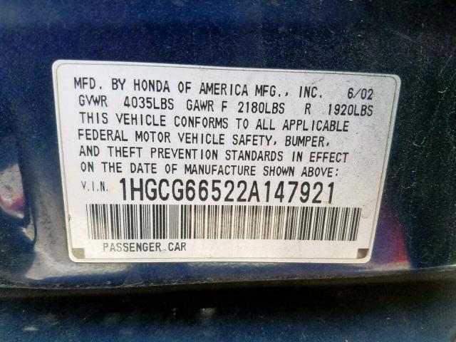 1HGCG66522A147921 - 2002 HONDA ACCORD LX BLUE photo 10