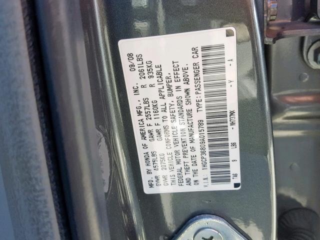 1HGCP36809A015789 - 2009 HONDA ACCORD EXL GRAY photo 10