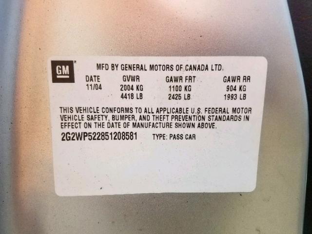 2G2WP522851208581 - 2005 PONTIAC GRAND PRIX SILVER photo 10