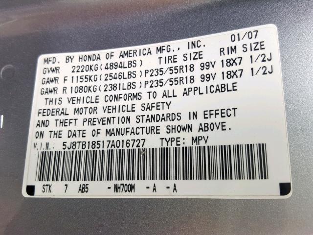 5J8TB18517A016727 - 2007 ACURA RDX TECHNO SILVER photo 10