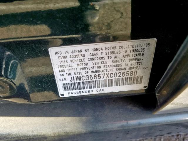 JHMCG5657XC026580 - 1999 HONDA ACCORD EX GREEN photo 10