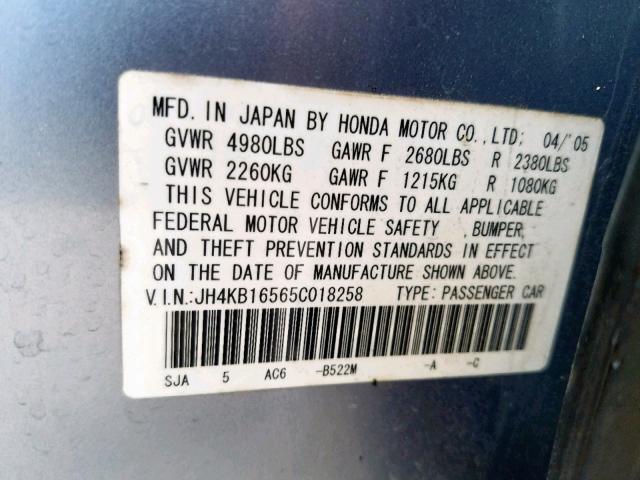 JH4KB16565C018258 - 2005 ACURA RL SILVER photo 10