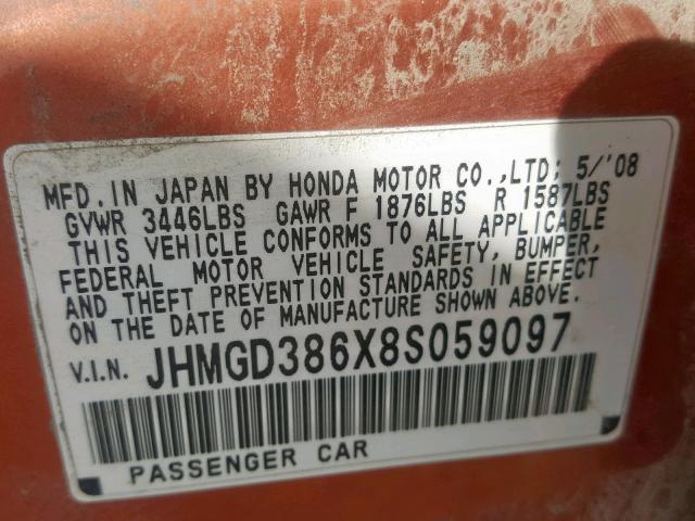 JHMGD386X8S059097 - 2008 HONDA FIT SPORT ORANGE photo 10