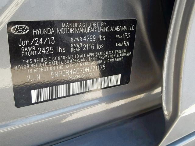 5NPEB4AC7DH771175 - 2013 HYUNDAI SONATA GLS GRAY photo 10