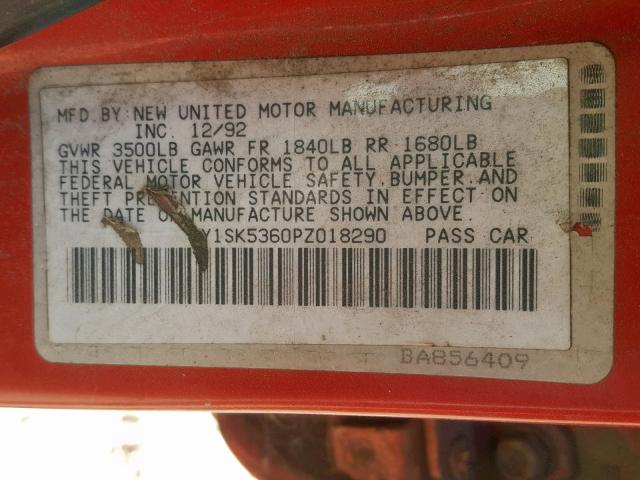 1Y1SK5360PZ018290 - 1993 GEO PRIZM BASE წითელი ფოტო 10