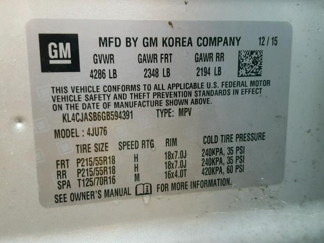 KL4CJASB6GB594391 - 2016 BUICK ENCORE SILVER photo 10