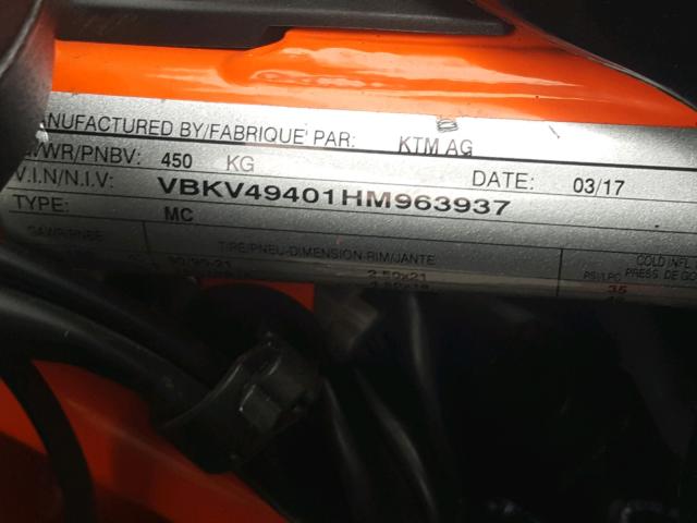 VBKV49401HM963937 - 2017 KTM 1090 ADVEN ORANGE photo 10