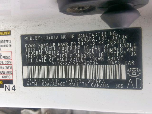 2T1KR32E25C345794 - 2005 TOYOTA MATRIX 白色 照片 10