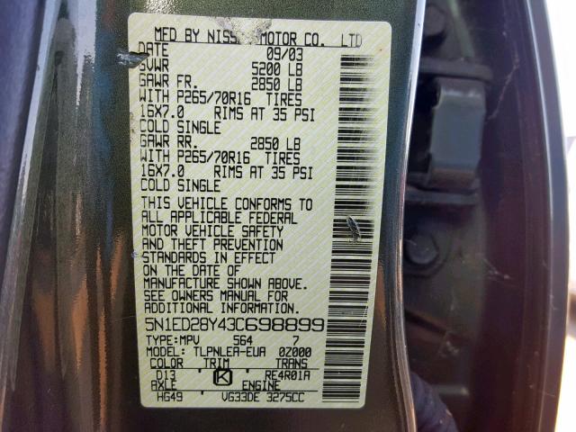 5N1ED28Y43C698899 - 2003 NISSAN XTERRA GREEN photo 10