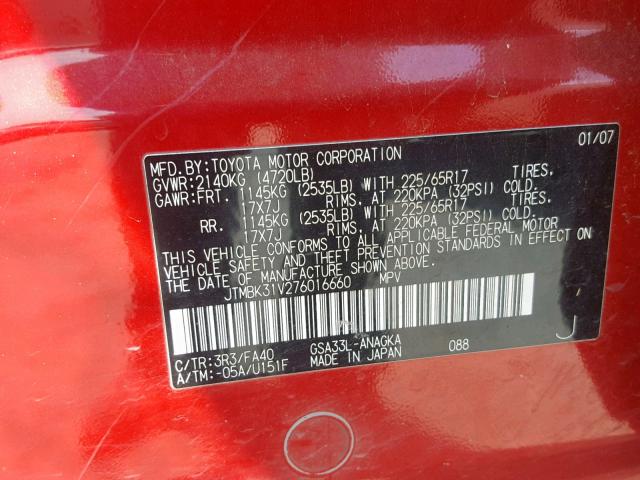 JTMBK31V276016660 - 2007 TOYOTA RAV4 LIMIT RED photo 10