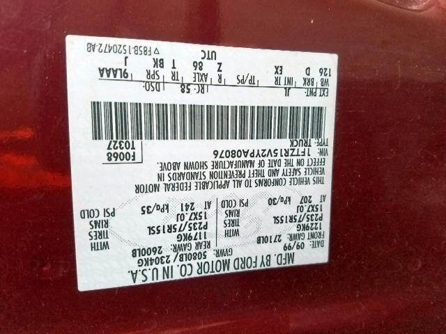 1FTZR15V2YPA08076 - 2000 FORD RANGER SUP MAROON photo 10