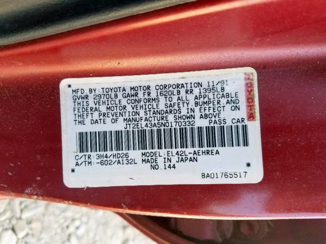 JT2EL43A5N0170332 - 1992 TOYOTA TERCEL DEL RED photo 10