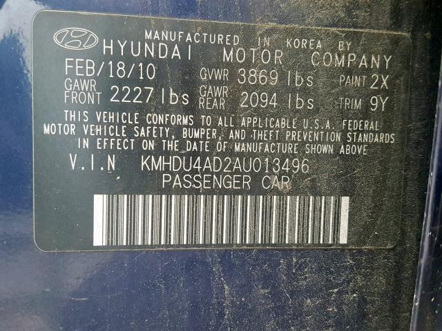 KMHDU4AD2AU013496 - 2010 HYUNDAI ELANTRA BL BLUE photo 10