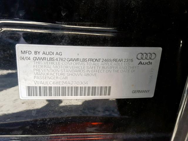 WAULC68E24A270304 - 2004 AUDI A4 BLACK photo 10