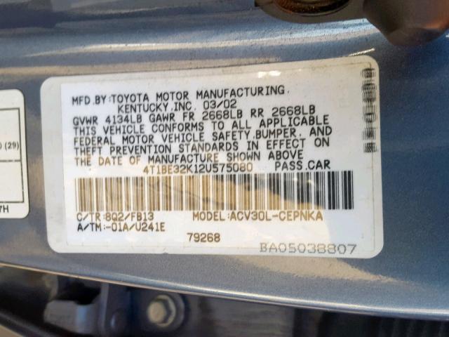 4T1BE32K12U575080 - 2002 TOYOTA CAMRY LE BLUE photo 10