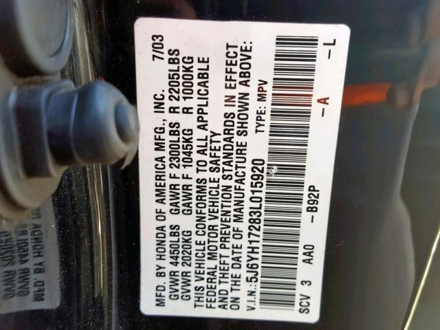 5J6YH17283L015920 - 2003 HONDA ELEMENT DX BLACK photo 10