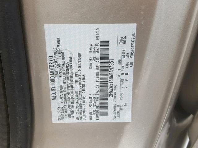 2FMZA51686BA47851 - 2006 FORD FREESTAR S SILVER photo 10