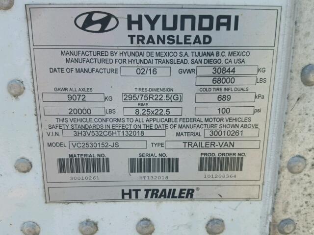 3H3V532C6HT132018 - 2017 HYUNDAI TRAILER WHITE photo 10