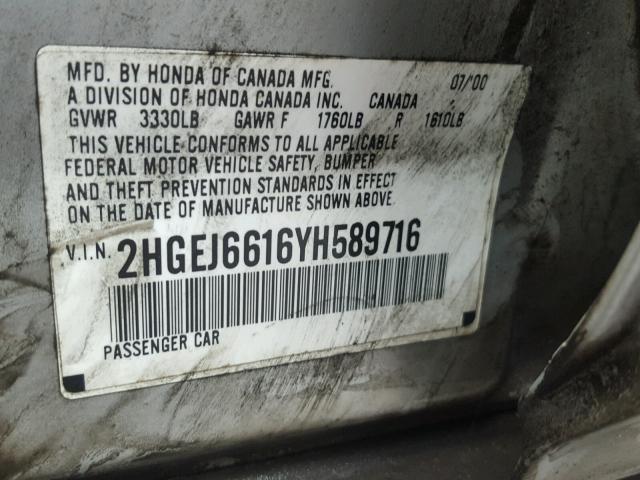 2HGEJ6616YH589716 - 2000 HONDA CIVIC BASE SILVER photo 10