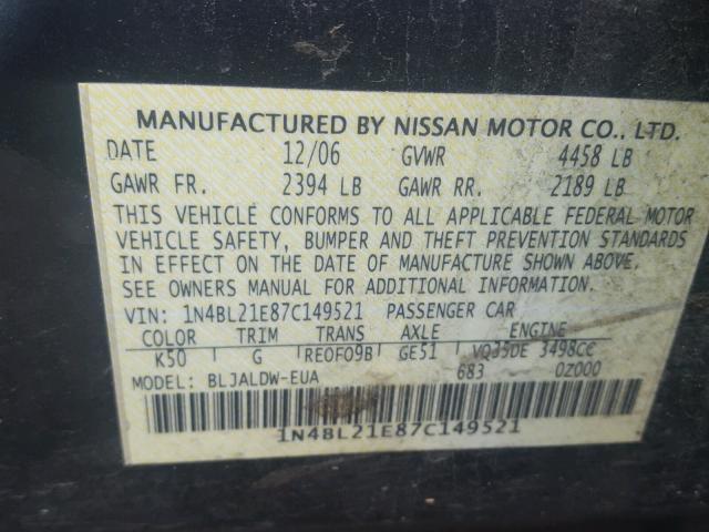 1N4BL21E87C149521 - 2007 NISSAN ALTIMA 3.5 GRAY photo 10