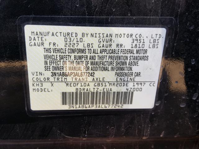 3N1AB6AP3AL677242 - 2010 NISSAN SENTRA 2.0 BLACK photo 10