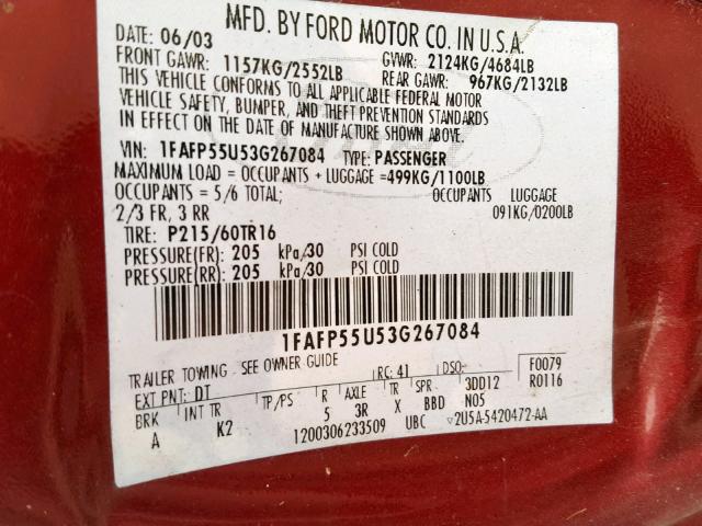 1FAFP55U53G267084 - 2003 FORD TAURUS SES RED photo 10