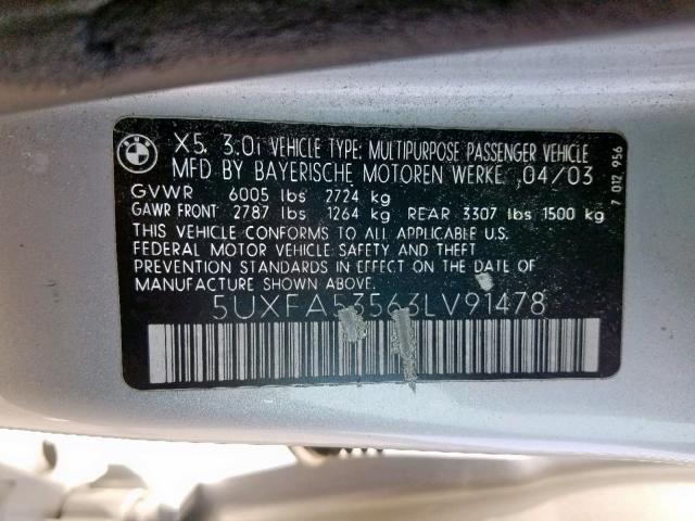 5UXFA53563LV91478 - 2003 BMW X5 3.0I SILVER photo 10